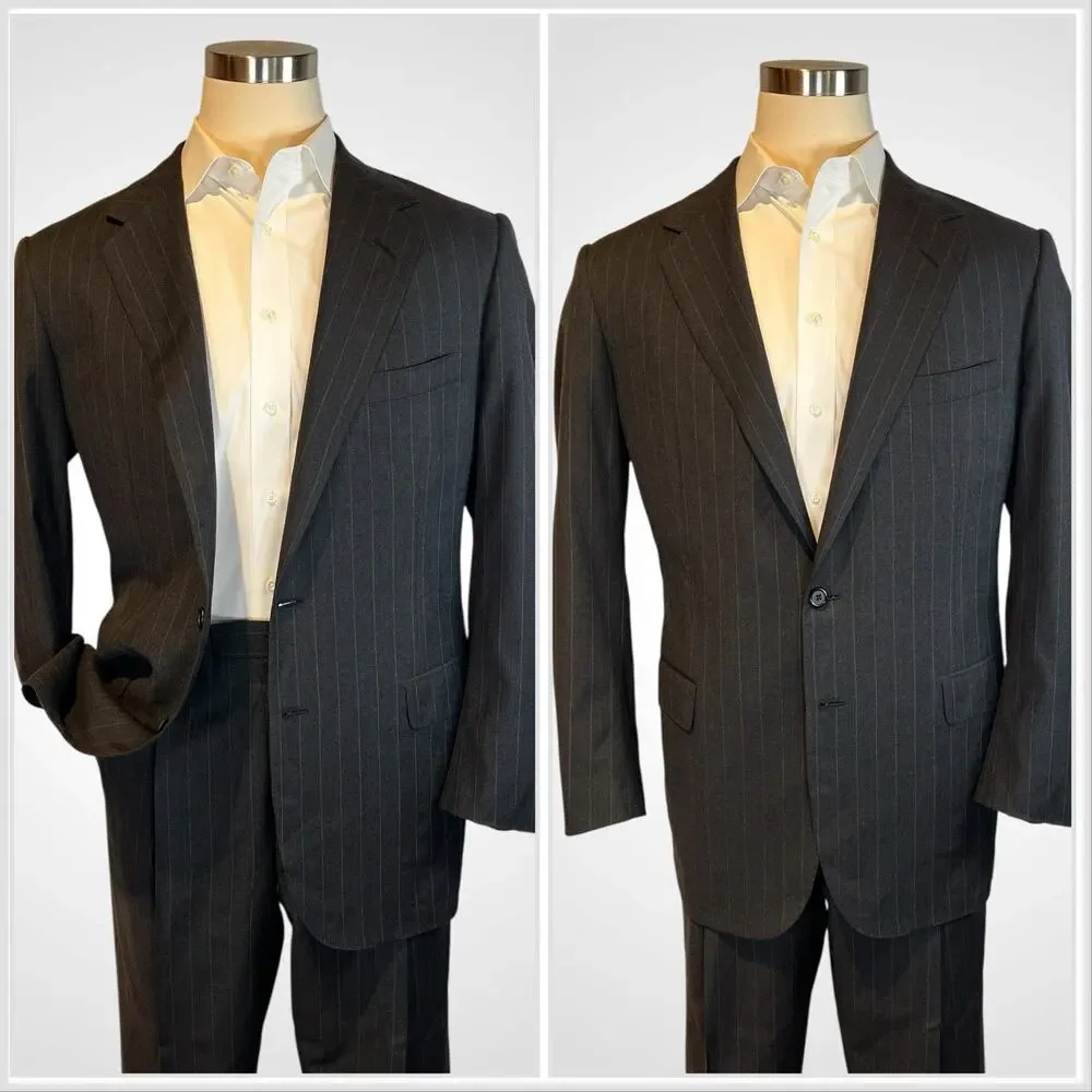 Vtg Oxxford Suit 44L 39x29 Gray-Black Subtle Red Stripe 1/4 Lined High Rise
